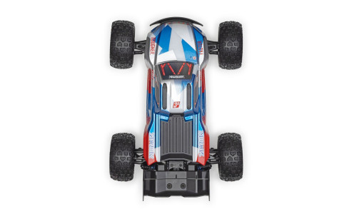 Top view of Arrma 1/16 Mini Kraton 3S DSC 4X4 RTR showing red, blue and white body graphics, large treaded tyres and 3S and Arrma branding