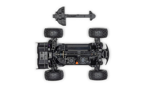 Chassis view of Arrma 1/16 Mini Kraton 3S DSC 4X4 RTR showing suspension arms, shock absorbers, drivetrain layout, central motor and electronics with separate Arrma chassis brace