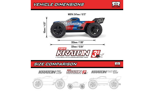 Arrma 1/16 Mini Kraton 3S DSC 4X4 RTR dimensions graphic showing length, width, height and wheelbase with size comparison outlines against Kraton 6S and Kraton 4S models
