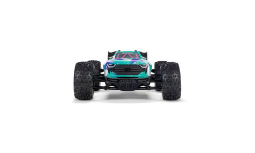Front view of Arrma 1/16 Mini Kraton 3S DSC 4X4 RTR in teal and purple colours with rugged off-road tyres, angular bodywork and Arrma front bumper branding