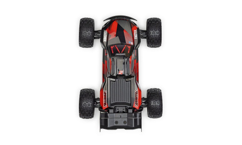 Top view of Arrma 1/16 Mini Kraton 3S DSC 4X4 RTR showing black, red and grey graphics, large treaded tyres and 3S and Arrma markings