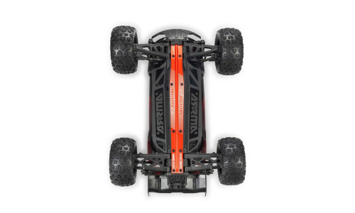 Chassis view of Arrma 1/16 Mini Kraton 3S DSC 4X4 RTR in black and red variant showing suspension arms, rugged tyres, reinforced chassis plate and Arrma and Kraton branding