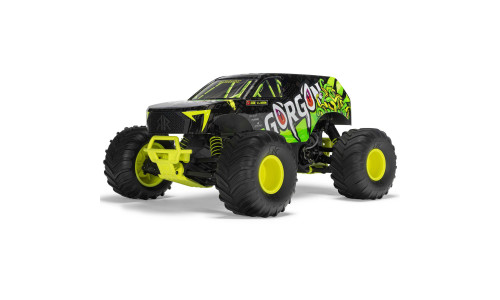 Side view of ARRMA Gorgon RC truck with clawed GORGON lettering, red-eyed snakes, and sponsor decals