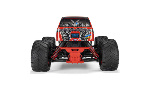 Front view of ARRMA Gorgon RC monster truck with red coil-over shocks, snake graphics, and sponsor decals