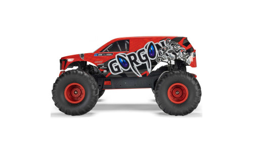 Side view of ARRMA Gorgon RC truck with stylized snake graphics, GORGON branding, and driver label “S.L. JACKSON”