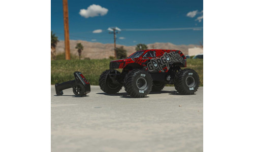 Arrma ARA3530T2 1/10 Gorgon 223S 2WD RTR brushless monster truck in red/black with aggressive styling and durable construction