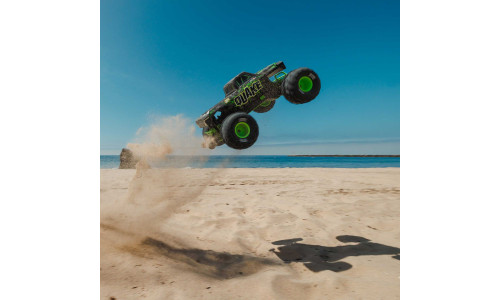 QUAKE 223S BLX – RC basher with wheelie bar, chevron tires, and Spektrum SLT2 radio