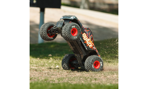 Arrma Quake 4S 1/8 scale Black Red ARA4437T1 showcasing oversized tyres, responsive handling and extreme terrain performance