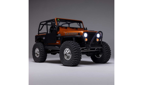 Axial AXI03008V2T2 Jeep CJ-7 SCX10 III 1/10 RTR rock crawler showcasing copper bodywork and trail-ready chassis