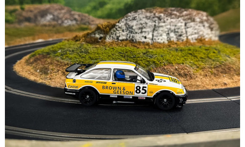 Scalextric 1/32 Ford Sierra RS500 YTCC 2024 slot car (C4628) capturing Dan Brown’s race car with authentic detailing and bold graphics