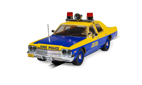 Scalextric Dodge Monaco Police Edition 1/32 slot car (C4636) featuring NYSP blue and yellow colours, chrome bumpers and working lights