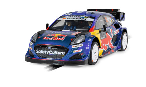 Scalextric Ford Puma Rally1 1/32 Monte Carlo 2025 slot car featuring high‑detail moulding, sponsor graphics and modern WRC proportions