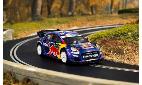 Scalextric Ford Puma Rally1 1/32 Monte Carlo 2025 slot car with modern rally detailing, bold livery and dynamic proportions