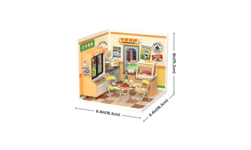 Robotime Rolife Night Out Food Stall DIY Miniature House with fridge, iced tea bottles, and seating area