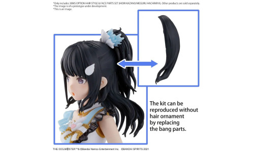Bandai 30MS Option Hair Style set showing interchangeable black hair parts being swapped on the figure.