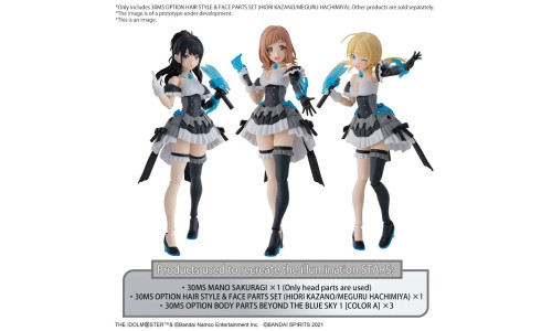Bandai 30MS Option Hair Style & Face Parts Set shown on three figures in black and white idol outfits with blue accents.