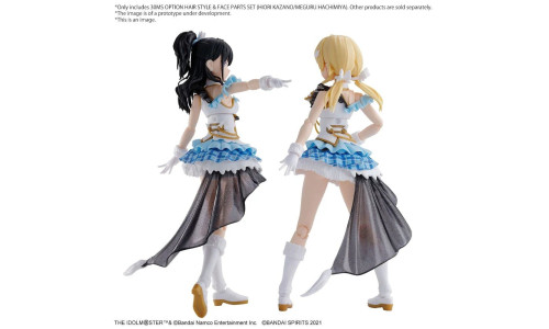 Bandai 30MS Option Hair Style & Face Parts Set shown on two figures in blue and white idol outfits with long black and blonde hair styles.