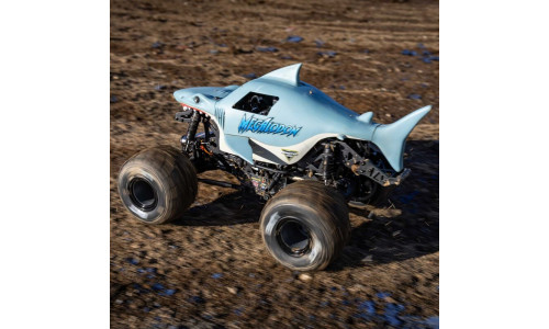 Losi Mini LMT Megalodon – 1/18 scale blue RC monster truck with molded shark body and rubber fins
