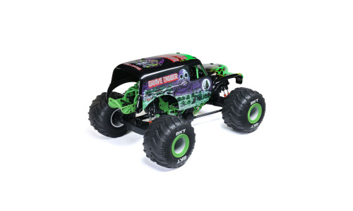 Losi LMT 2.0 Grave Digger Monster Truck with flip-top cage, LED headlights, and driver figure