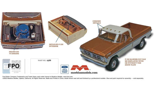 Moebius MO2568 1/25 1972 Ford F-250 4x4 with snow plow plastic model kit featuring detailed classic pickup body