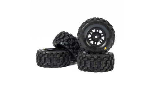 Pro-Line 1/16 Badlands MX MTD tires (PRO1034010) with Black Split Six wheels offering strong grip and rugged off-road performance