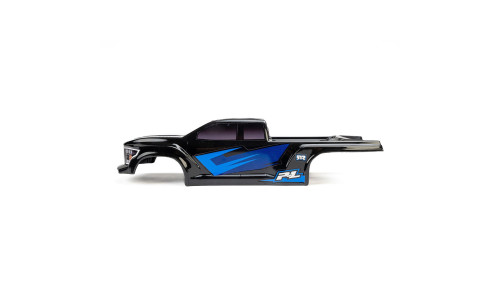 Pro-Line Racing 1/16 Pre-Cut Brute Black Body for Arrma Mini Kraton with black and blue graphics, tinted windows and angular pickup-style design