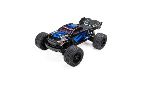 Pro-Line Racing 1/16 Pre-Cut Brute Black Body fitted to Arrma Mini Kraton showing black and blue livery, rugged off-road tyres and detailed front grille