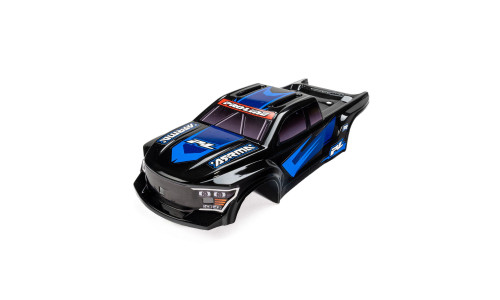 Pro-Line Racing 1/16 Pre-Cut Brute Black Body for Arrma Mini Kraton showing black and blue graphics, Pro-Line and Arrma branding, simulated headlights and tinted windows