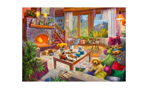 Ravensburger RB00293-2 Cozy Cabin 1000 piece jigsaw puzzle featuring a detailed winter cabin scene