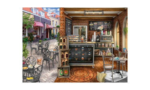 Ravensburger RB00541-4 Quaint Cafe 1000 piece jigsaw puzzle featuring a detailed cosy street-side café scene