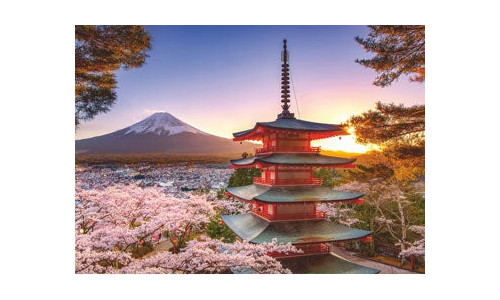 Ravensburger RB00582-7 Mount Fuji Cherry Blossom View 1000 piece jigsaw puzzle featuring a detailed Japanese landscape