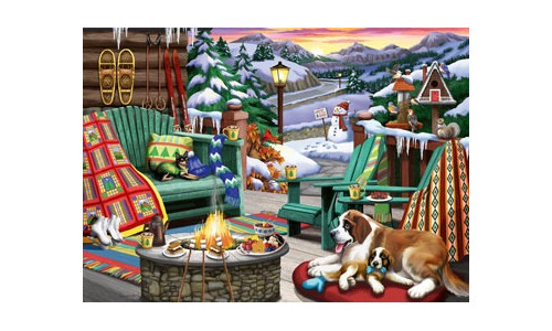 Ravensburger RB00675-6 Apres All Day 1000 piece jigsaw puzzle featuring a detailed cosy winter lodge scene