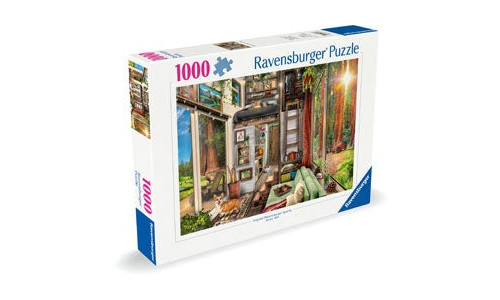 Ravensburger RB00634-3 Redwood Forest Tiny House 1000 piece jigsaw puzzle featuring a detailed woodland cabin scene