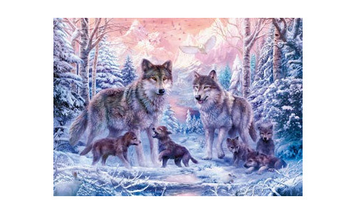 Ravensburger RB00647-3 Arctic Wolves 1000 piece jigsaw puzzle featuring a detailed winter wildlife scene