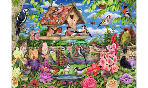 Ravensburger RB01713-4 The Bird Table 1000 piece puzzle featuring colourful garden birds gathered around a feeder