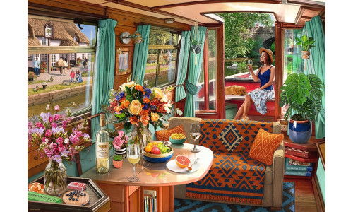 Ravensburger RB01723-3 View From My Window No 1 Canal Boat 1000-piece puzzle featuring detailed artwork and tranquil waterside scenery