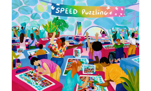 Ravensburger RB01740-0 WJPC’25 Speed Puzzling 1000 piece puzzle featuring a dynamic competitive puzzling scene