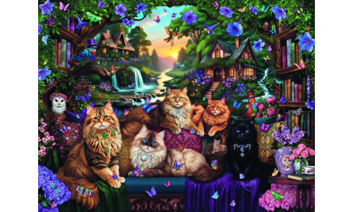 Ravensburger RB01854-4 Cat Tail Cottage 2000-piece puzzle featuring detailed artwork, cosy cottage scenery and vibrant colours