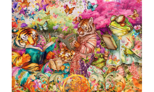 Ravensburger RB01856-8 Book Club 1000 piece puzzle featuring a cosy reading nook filled with books and warm colours