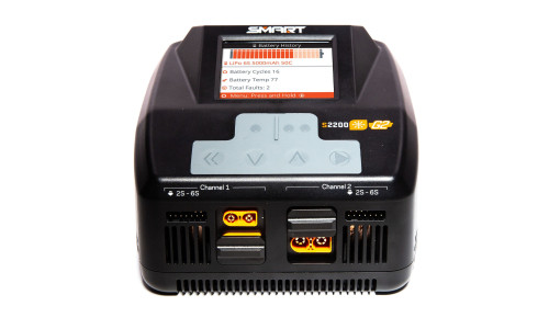 Spektrum S2200 G2 2x200W AC charger (SPMXC2010AU) with detailed status display, cooling system and Smart technology