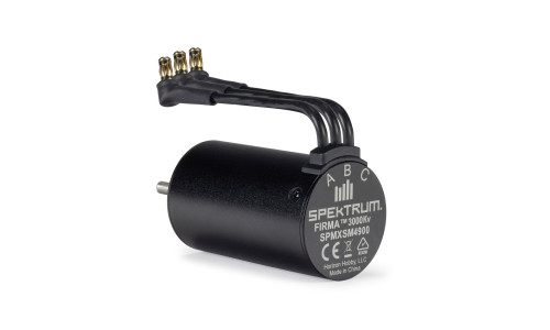 Spektrum Firma 2848-3000Kv brushless motor SPMXSM4900 with black can, A B C wiring posts, printed specifications and compact 2848 size for RC vehicles