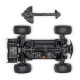 Chassis view of Arrma 1/16 Mini Kraton 3S DSC 4X4 RTR showing suspension arms, shock absorbers, drivetrain layout, central motor and electronics with separate Arrma chassis brace
