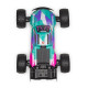 Top view of Arrma 1/16 Mini Kraton 3S DSC 4X4 RTR showing teal, pink and white graphics, large treaded tyres and 3S and Arrma markings