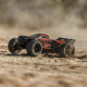 Arrma 1/16 Mini Kraton 3S DSC 4X4 RTR in black and red colours racing across sand with dust cloud, large tyres and Kraton side branding
