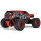 Red ARRMA Gorgon RC truck with deep-tread tires, red bumper, and angular grille design