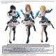 Bandai 30MS Option Hair Style & Face Parts Set shown on three figures in black and white idol outfits with blue accents.