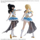 Bandai 30MS Option Hair Style & Face Parts Set shown on two figures in blue and white idol outfits with long black and blonde hair styles.